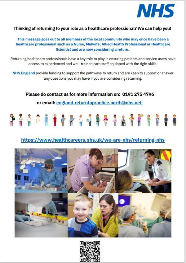 We have been asked by the Return to Practice Coordinator for NHS England to share the following message.